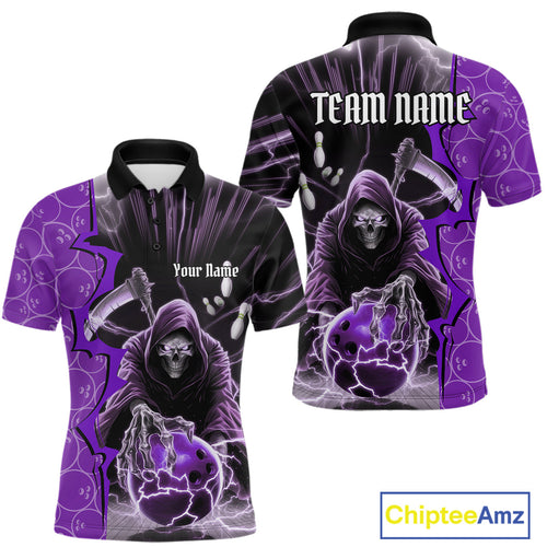 Custom Purple Thunder Lightning Grim Reaper Bowling Men Polo Shirt, Halloween Bowler Outfit IPHW9842