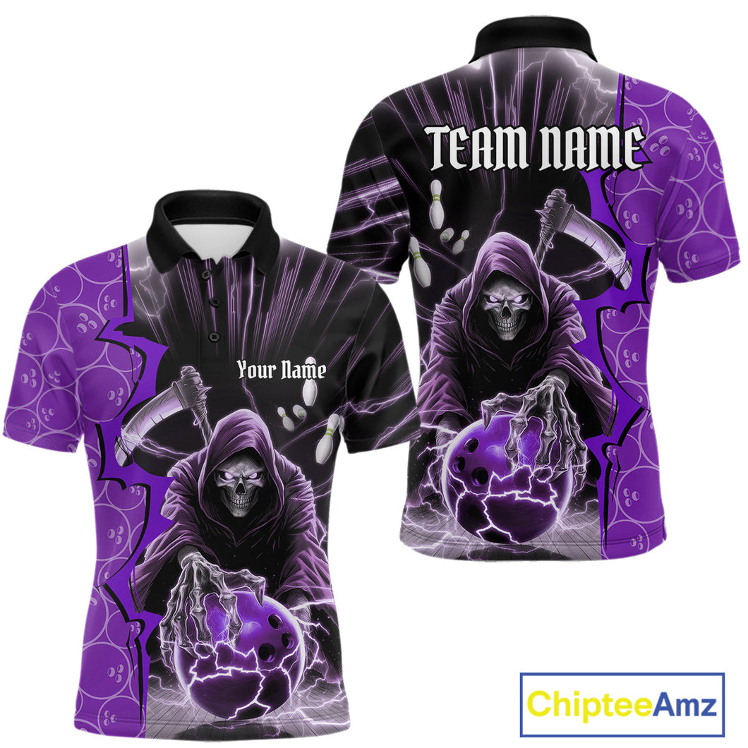 Custom Purple Thunder Lightning Grim Reaper Bowling Men Polo Shirt, Halloween Bowler Outfit IPHW9842