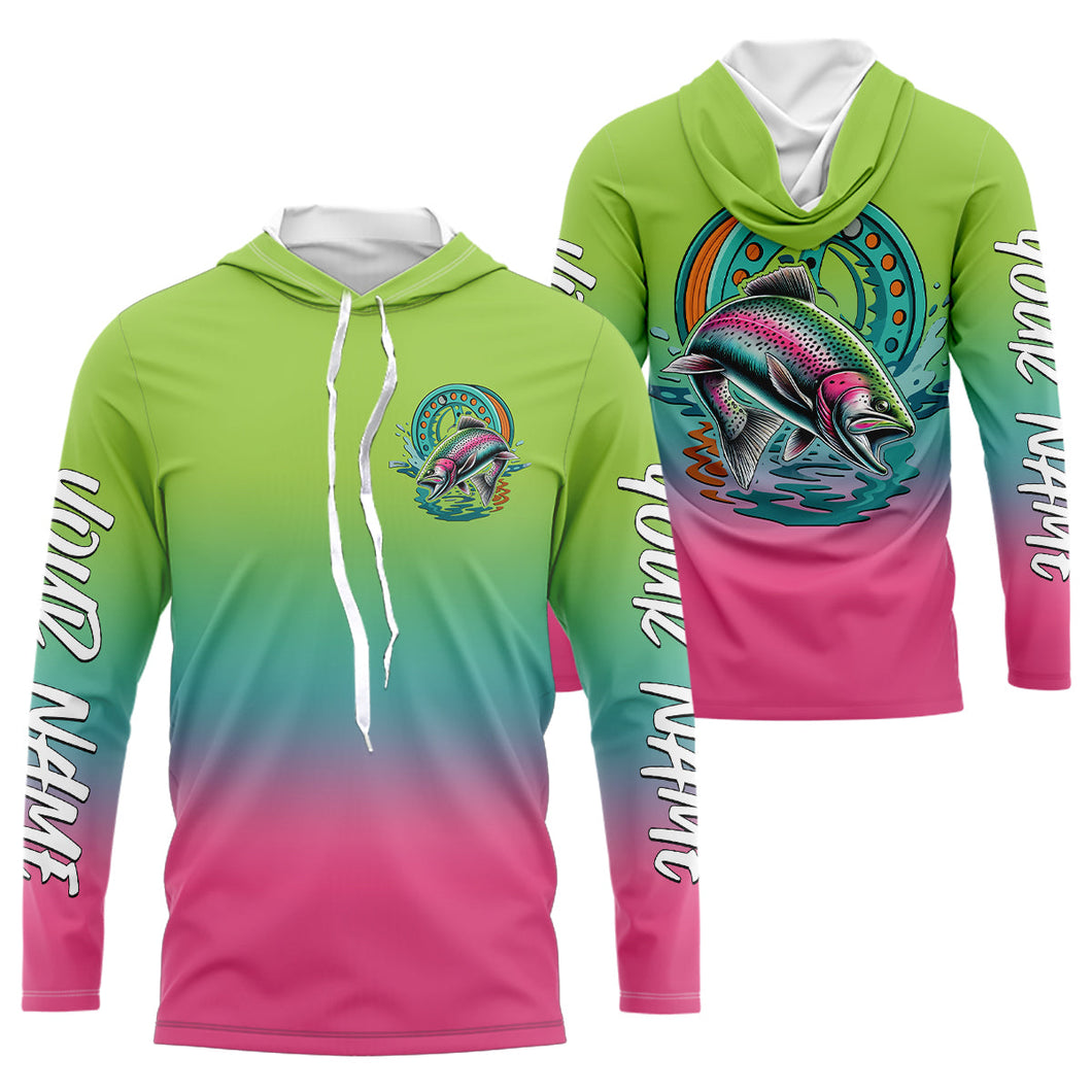 Custom Rainbow Trout Fly Fishing Long Sleeve Hooded Shirts, Fly Reel Tournament Shirt IPHW9122