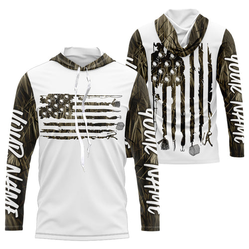 Custom Patriotic Camo Long Sleeve Hooded Fishing Shirts, American Flag Fishing Tools Shirts IPHW9125