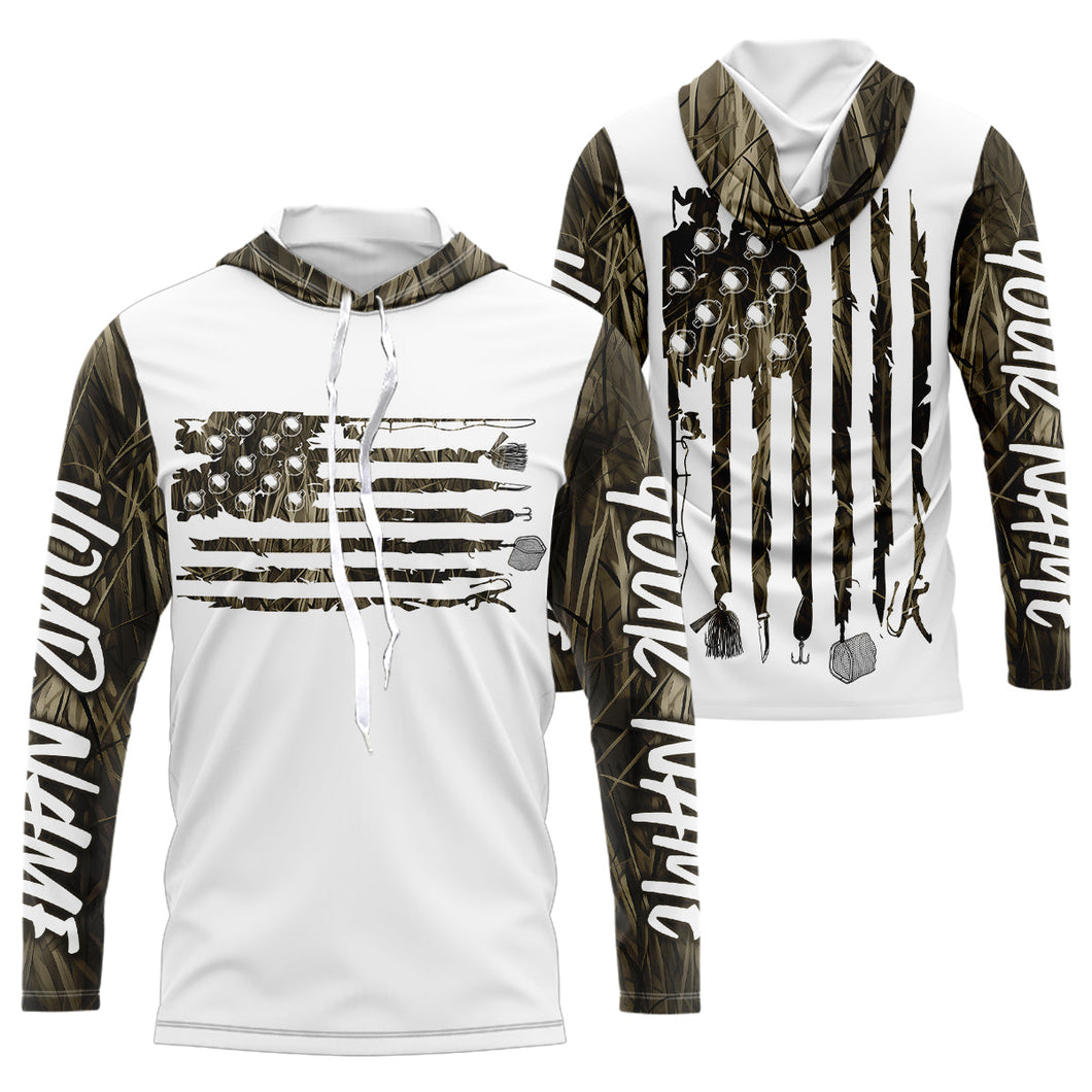Custom Patriotic Camo Long Sleeve Hooded Fishing Shirts, American Flag Fishing Tools Shirts IPHW9125