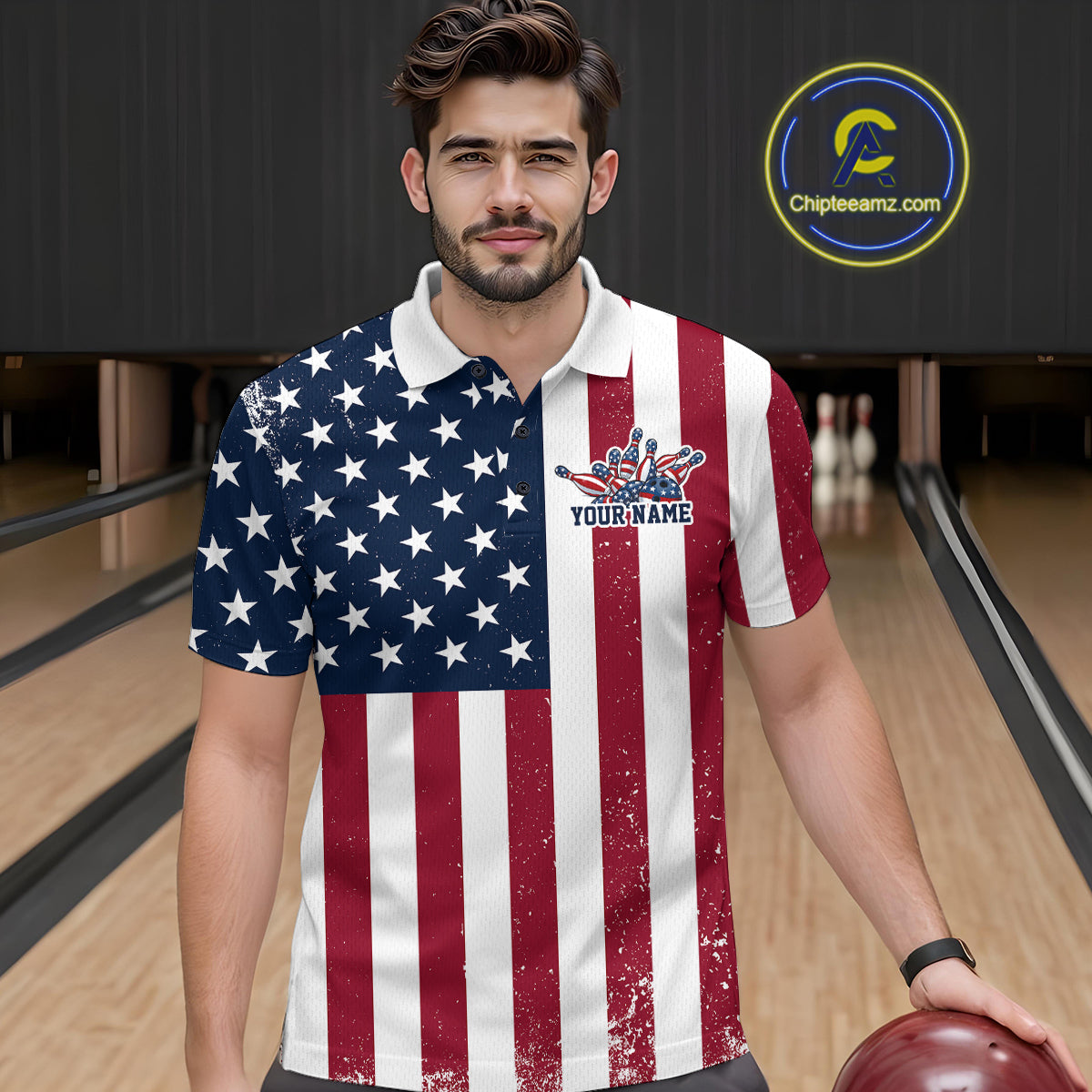 Custom US Flag Bowling Polo Shirts For Men, Patriotic Bowling League Shirt Bowling Jersey IPHW9714
