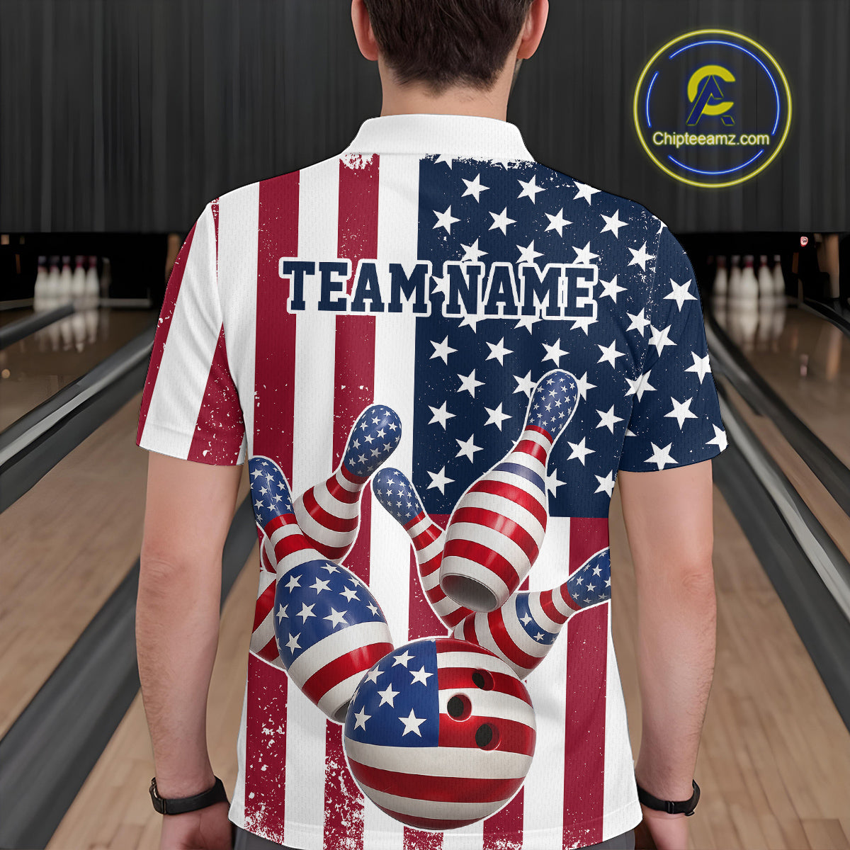 Custom US Flag Bowling Polo Shirts For Men, Patriotic Bowling League Shirt Bowling Jersey IPHW9714