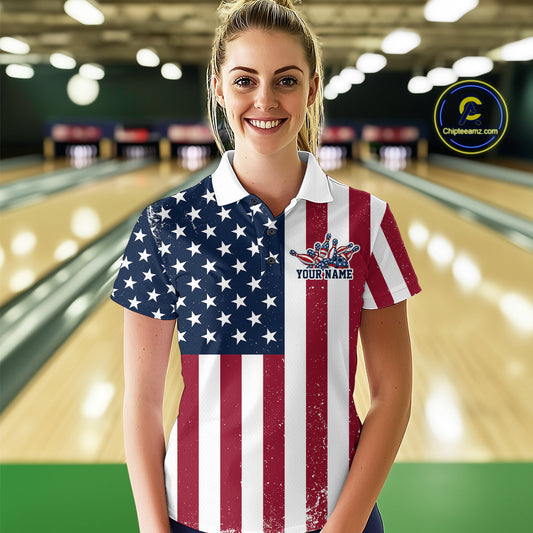 Custom US Flag Bowling Women Polo Shirts, Patriotic Bowling League Shirt Bowling Jersey IPHW9714