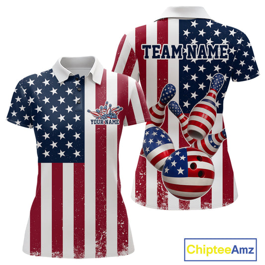 Custom US Flag Bowling Women Polo Shirts, Patriotic Bowling League Shirt Bowling Jersey IPHW9714