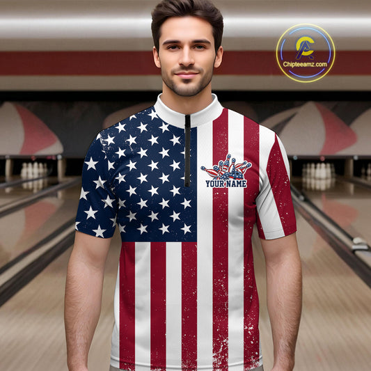 Custom US Flag Bowling Quarter-Zip Shirts For Men, Patriotic Bowling League Shirt Bowling Jersey IPHW9714