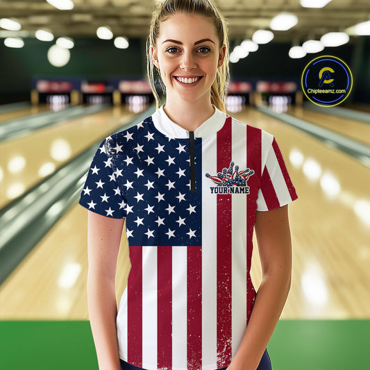 Custom US Flag Bowling Women Quarter-Zip Shirts, Patriotic Bowling League Shirt IPHW9714