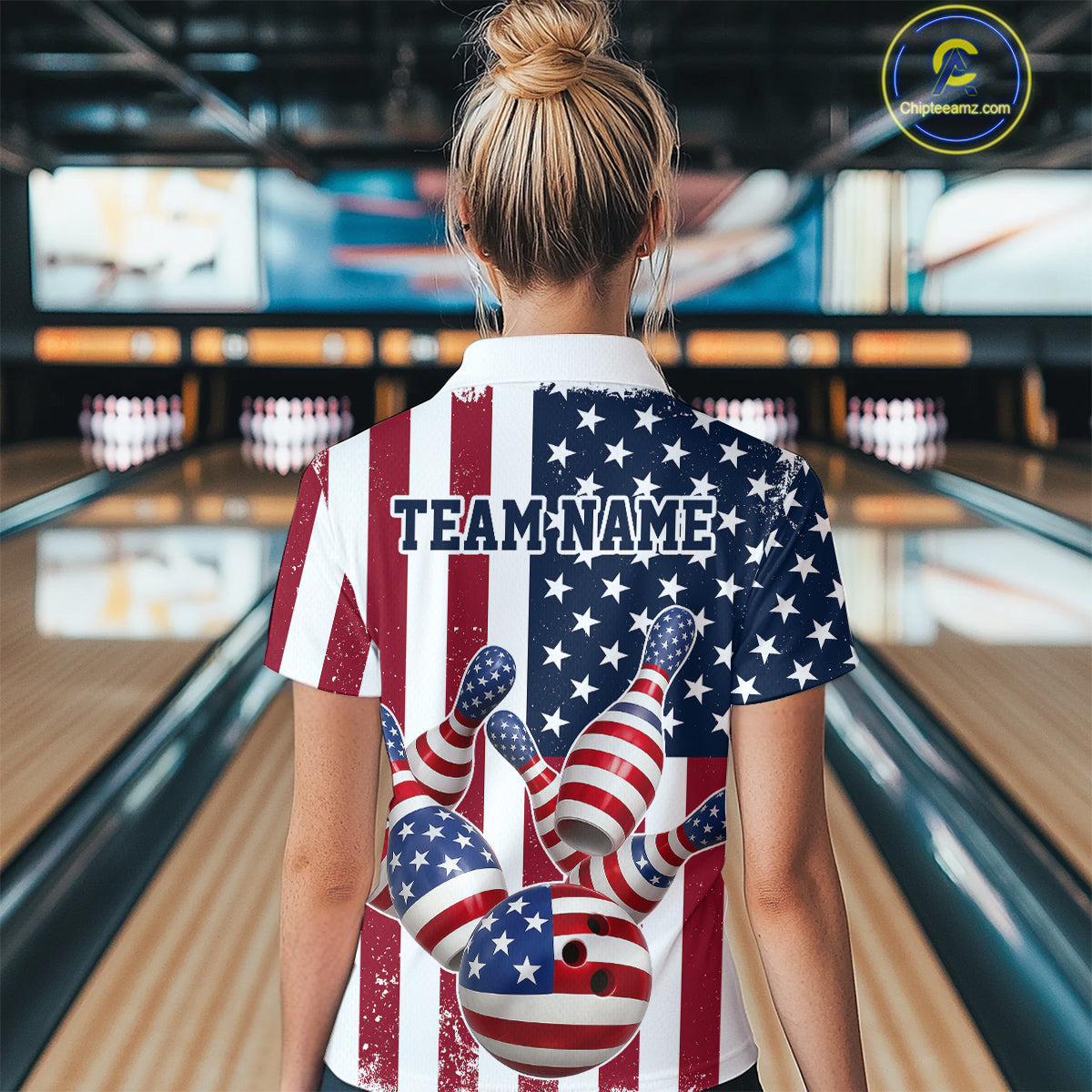Custom US Flag Bowling Women Quarter-Zip Shirts, Patriotic Bowling League Shirt IPHW9714