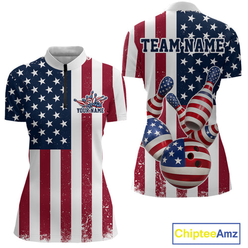 Custom US Flag Bowling Women Quarter-Zip Shirts, Patriotic Bowling League Shirt IPHW9714