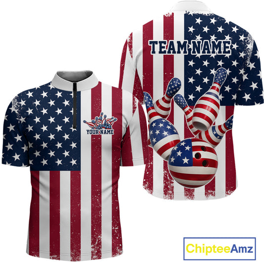 Custom US Flag Bowling Quarter-Zip Shirts For Men, Patriotic Bowling League Shirt Bowling Jersey IPHW9714