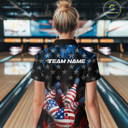 Custom Red And Blue Flame American Flag Patriotic Bowling Women Polo Shirts, Team Uniform IPHW9716