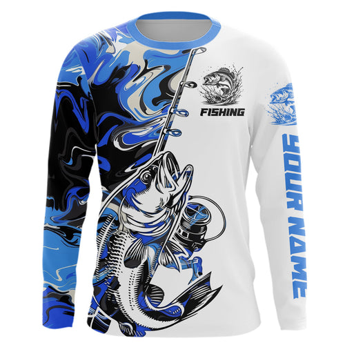 Personalized Largemouth Bass Fishing Blue Camo Long Sleeve Fishing Shirts For Men IPHW9126