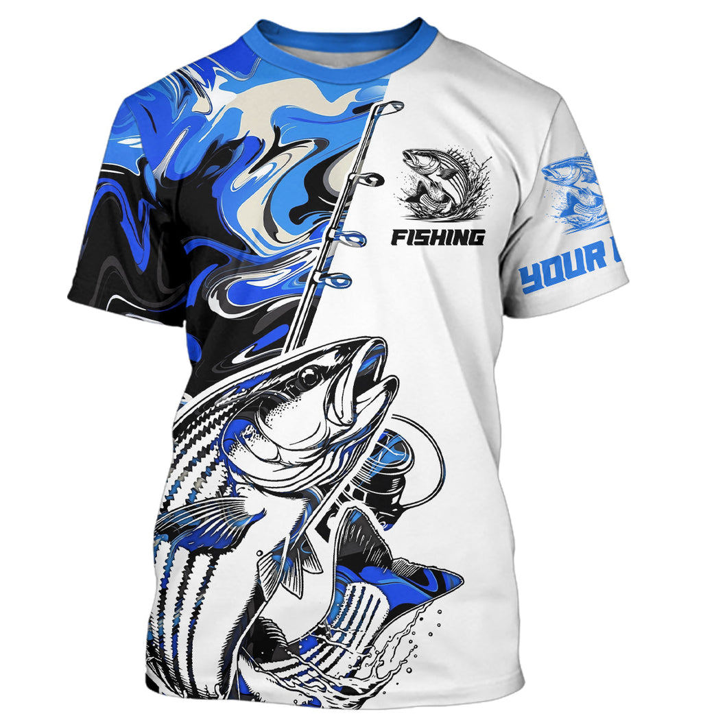 Personalized Striped Bass Fishing Blue Camo Fishing T-Shirts For Men IPHW9128