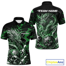 Load image into Gallery viewer, Personalised black and green flaming dragon bowling shirt featuring a skull bowling ball and flying pins artwork