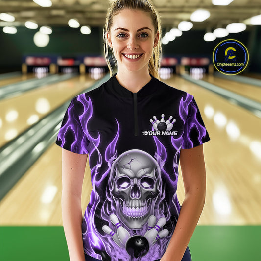 Custom Purple Fire Flame Skull Bowling Women Quarter-Zip Shirt, Halloween Bowling Outfit IPHW9493
