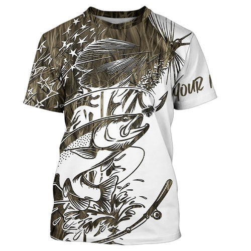 Custom Patriotic Trout Brown Camo Fly Fishing T-Shirts, US Flyfishing Shirt IPHW9142