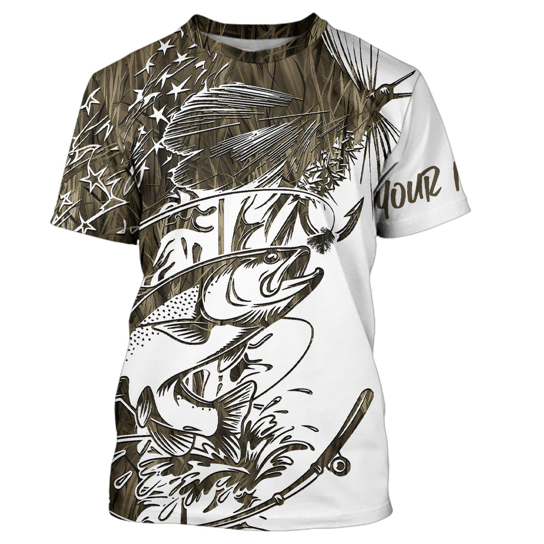 Custom Patriotic Trout Brown Camo Fly Fishing T-Shirts, US Flyfishing Shirt IPHW9142