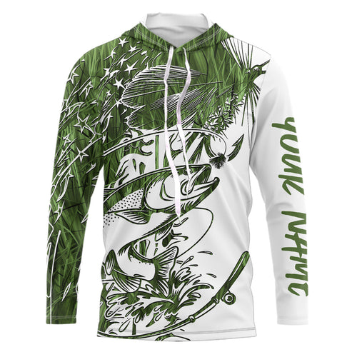 Custom Patriotic Trout Green Camo Fly Fishing Long Sleeve Hooded Shirts, US Flyfishing Shirt IPHW9144