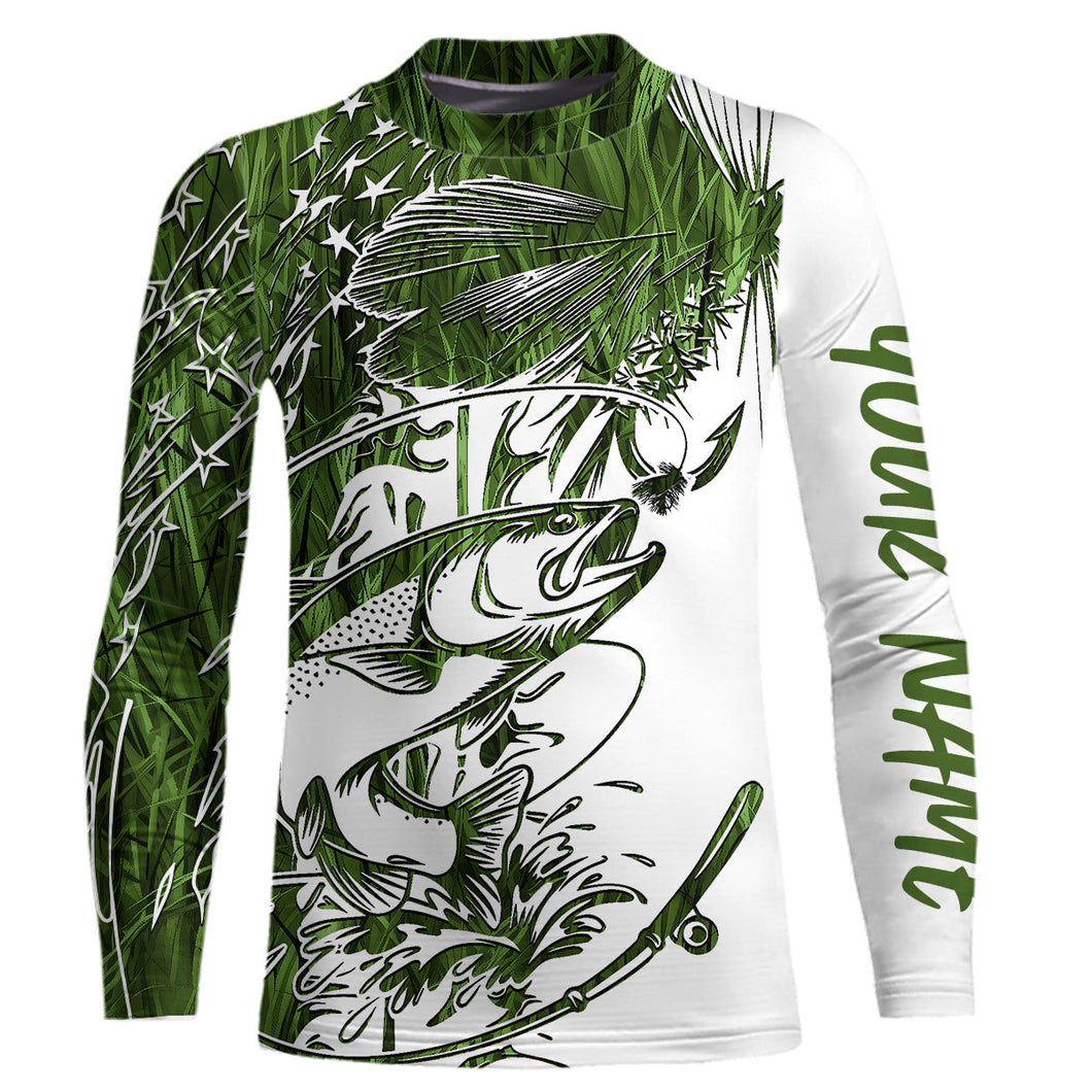 Custom Patriotic Trout Green Camo Fly Fishing Kid Long Sleeve Shirts, US Flyfishing Shirt IPHW9144