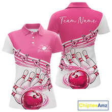 Load image into Gallery viewer, Front and back mockup of a womens white and pink bowling polo featuring butterfly artwork and colorful bowling graphics