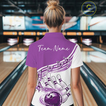 Load image into Gallery viewer, Back view of a female model in a white and purple bowling quarter zip with butterfly artwork and bowling graphics at the bowling lane