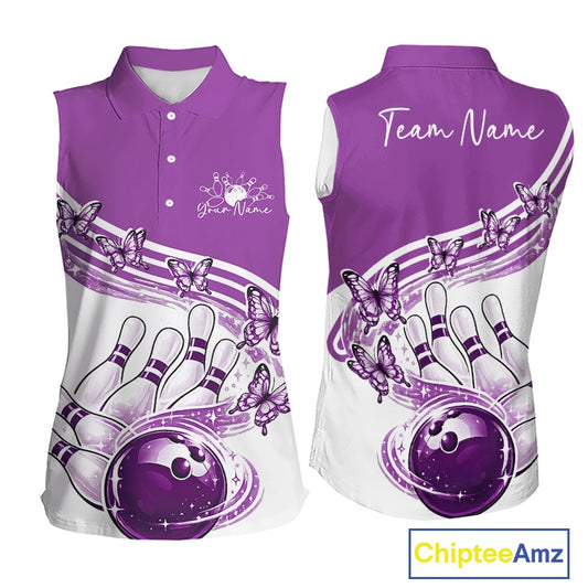Front and back mockup of a womens white and purple sleeveless bowling shirt with butterfly graphics and bowling artwork