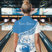 Load image into Gallery viewer, Back view of a female model in a white and blue bowling polo showcasing butterfly artwork and colorful bowling graphics