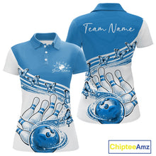 Load image into Gallery viewer, Front and back mockup of a womens white and blue bowling polo with butterfly artwork and colorful bowling graphics