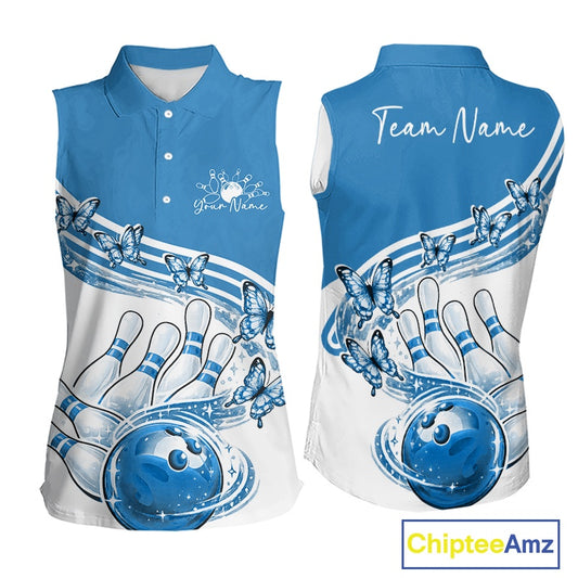 Womens white and blue sleeveless bowling shirt mockup shown front and back with butterfly graphics and colorful bowling artwork