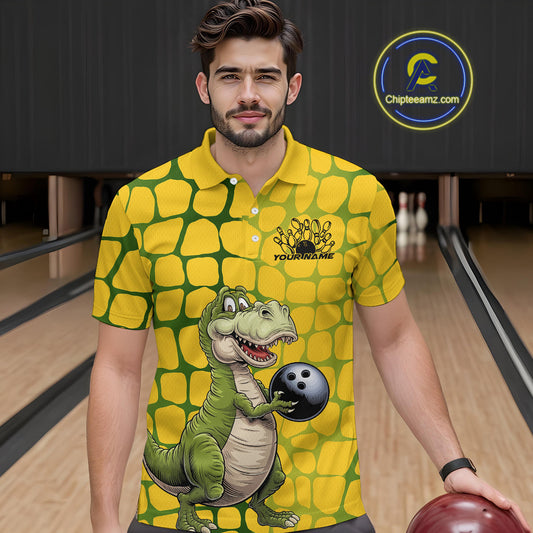 Custom Funny Yellow Dinosaur Bowling Team Men Polo Shirt, Bowling Tournament Team Shirt IPHW9929