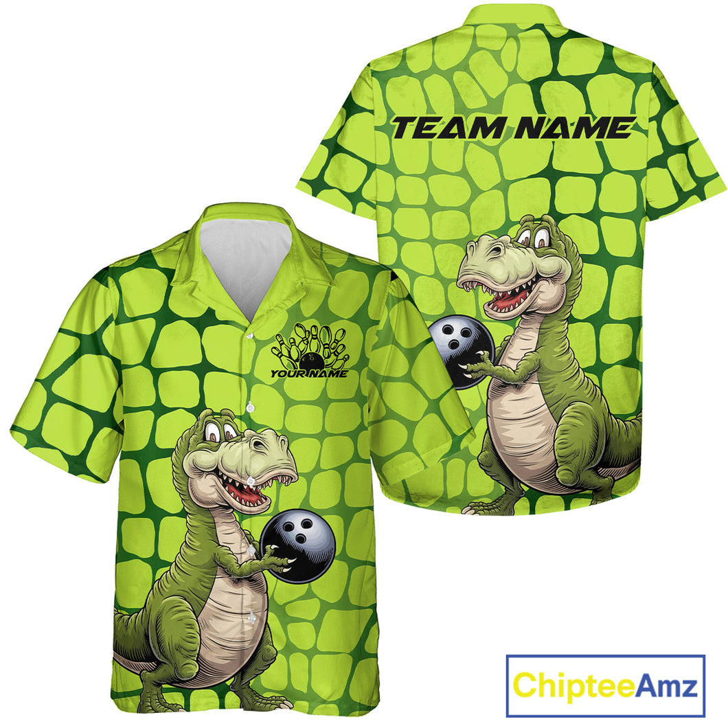 Custom Funny Green Dinosaur Bowling Team Men And Women Hawaiian Shirt, Bowling Tournament Team Shirt IPHW9930