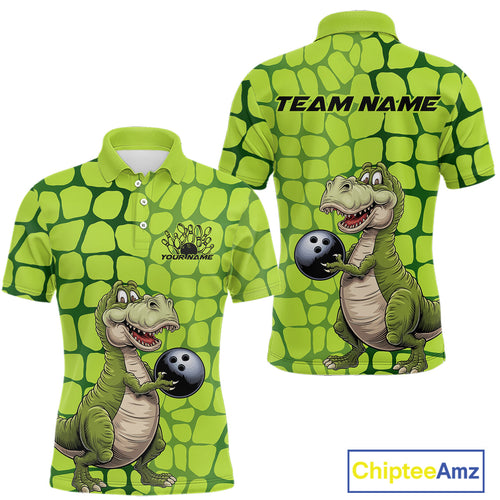 Custom Funny Green Dinosaur Bowling Team Men Polo Shirt, Bowling Tournament Team Shirt IPHW9930