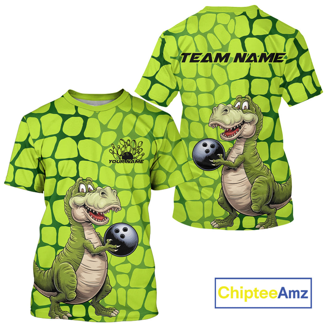 Custom Funny Green Dinosaur Bowling Team Men T-Shirts, Bowling Tournament Team IPHW9930