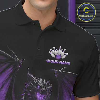 Custom Purple Dragon Flame Bowling Team Men Polo Shirt, Bowling League Shirt IPHW11667