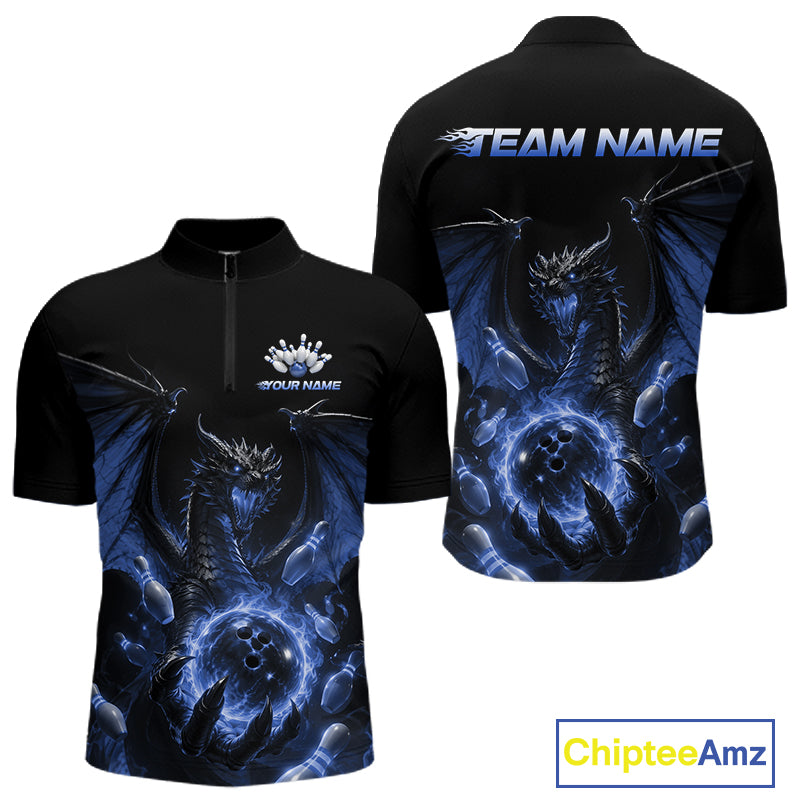 Custom Blue Dragon Flame Bowling Team Men Quarter Zip Shirt, Bowling League Shirt IPHW11668