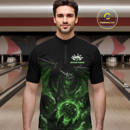 Custom Green Dragon Flame Bowling Team Men Quarter Zip Shirt, Bowling League Shirt IPHW11669
