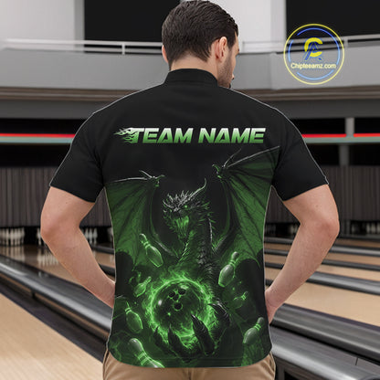 Custom Green Dragon Flame Bowling Team Men Quarter Zip Shirt, Bowling League Shirt IPHW11669
