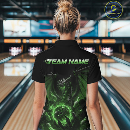 Custom Green Dragon Flame Bowling Team Women Quarter-Zip Shirt, Bowling League Shirt IPHW11669