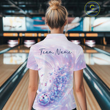 Load image into Gallery viewer, Back view of a female model wearing a bowling quarter zip featuring pastel purple and pink holographic butterflies with bowling-themed graphics