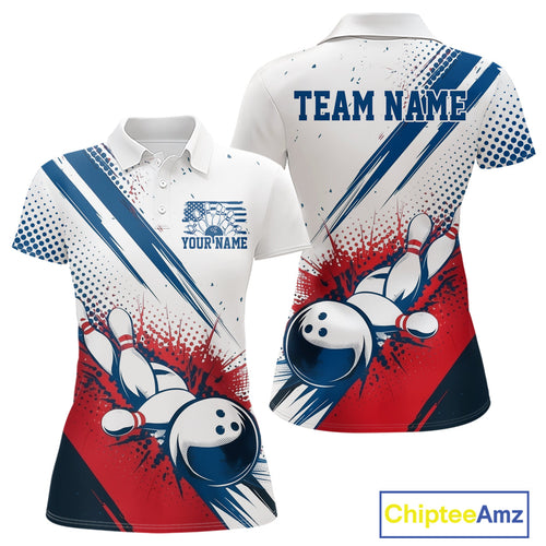 Custom Red, White And Blue Patriotic US Flag Bowling Polo Shirts For Women, Team Uniform IPHW9542