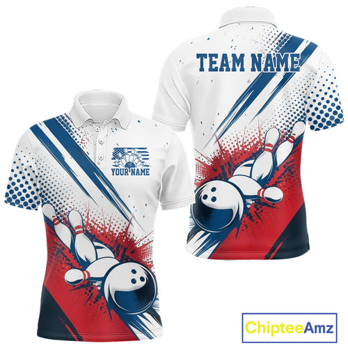 Custom Red, White And Blue Patriotic US Flag Bowling Polo Shirts For Men, Team Uniform IPHW9542