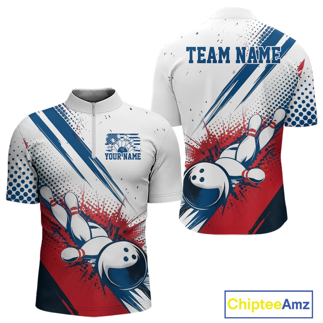 Custom Red, White And Blue Patriotic US Flag Bowling Quarter-Zip Shirts For Men, Team Uniform IPHW9542