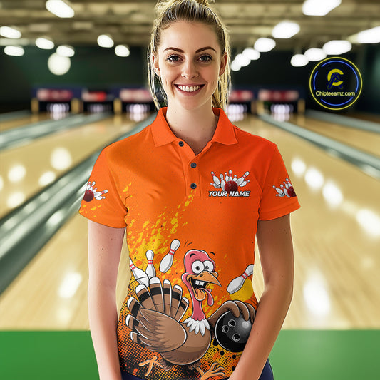 Custom Funny Turkey Bowling Thanksgiving Bowing Outfit Team Polo Shirts For Women IPHW9786