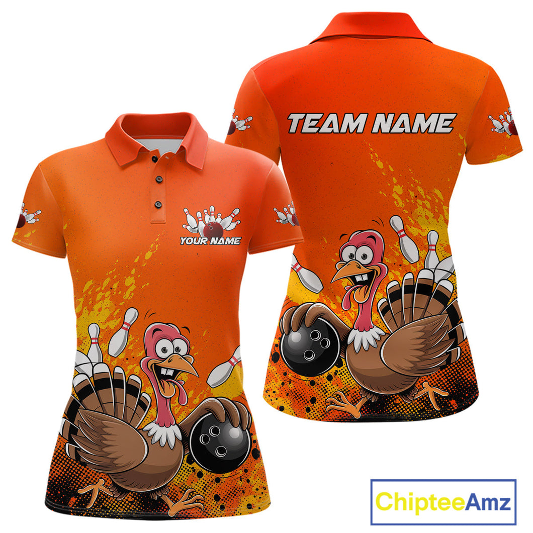 Custom Funny Turkey Bowling Thanksgiving Bowing Outfit Team Polo Shirts For Women IPHW9786