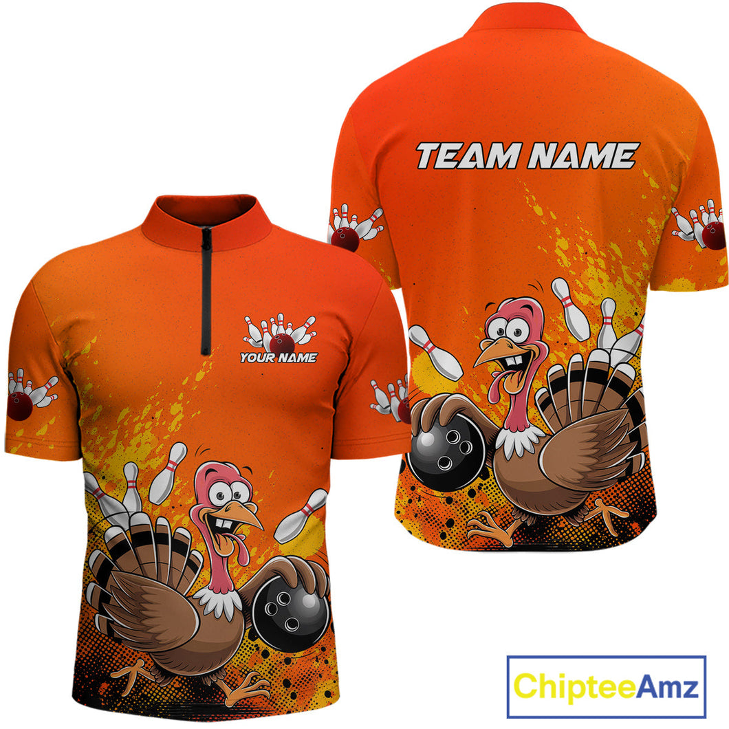 Custom Funny Turkey Bowling Thanksgiving Bowing Outfit Team Quarter-Zip Shirts For Men IPHW9786