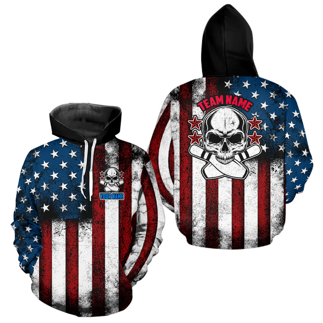American Flag Skull Custom Team Bowling Hoodie Shirts For Men And Women, Patriotic Bowling Jerseys IPHW5157