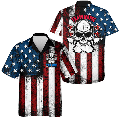 American Flag Skull Custom Team Bowling Hawaiian Shirts For Men And Women, Patriotic Bowling Jerseys IPHW5157