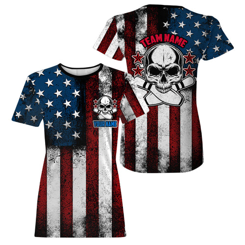 American Flag Skull Custom Team Bowling T-Shirts  For Women, Patriotic Bowling Jerseys IPHW5157