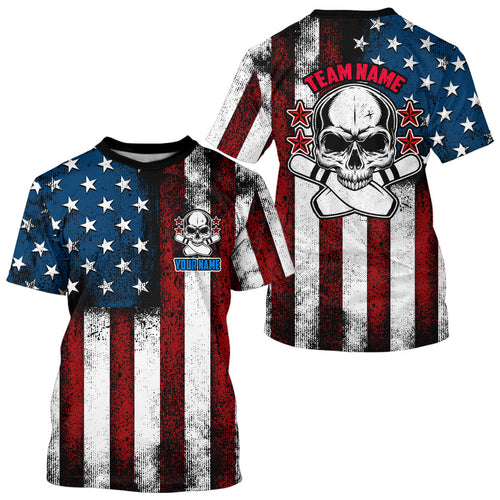 American Flag Skull Custom Team Bowling T-Shirts  For Men, Patriotic Bowling Jerseys IPHW5157