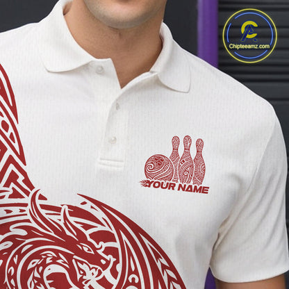 Custom Red And White Tribal Dragon Men Bowling Polo Shirt, Polynesian Bowling Shirt IPHW10341